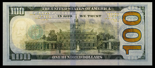 Back of New $100 Federal Reserve Note, Back Light