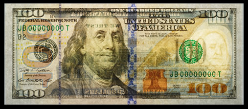 Front of New $100 Federal Reserve Note, Back Light