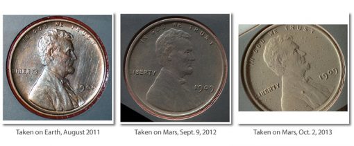 Photos of 1909 VDB Lincoln Cent on NASA's Mars Rover Curiosity