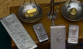 Silver and Gold Bars, Antique Balance Scale