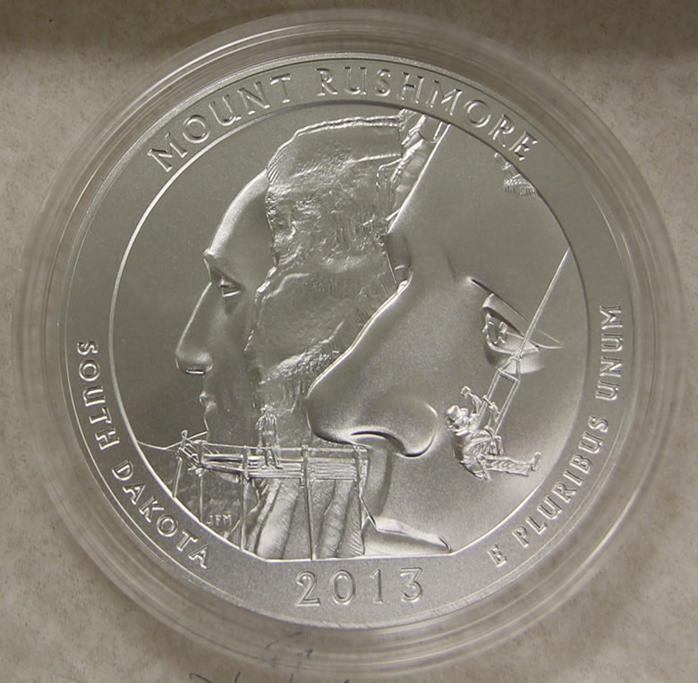 2013-P US America the Beautiful Five Ounce Silver Uncirculated Coin Mt Rushmore 