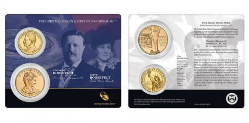 Theodore Roosevelt $1 Coin and Edith Roosevelt First Spouse Medal Set