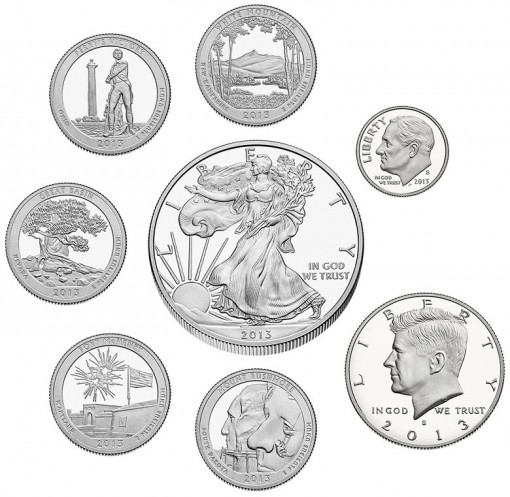 Coins in the 2013 United States Mint Limited Edition Silver Proof Set