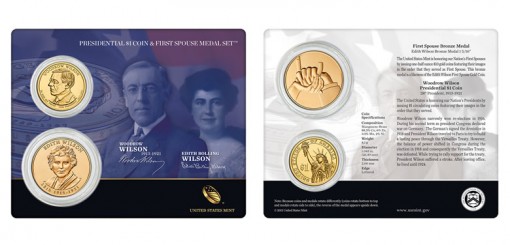 Woodrow Wilson Presidential $1 Coin and Edith Wilson Medal Set (Front and Back)