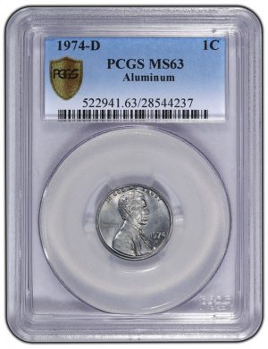 1974-D aluminum Lincoln cent, graded PCGS MS63