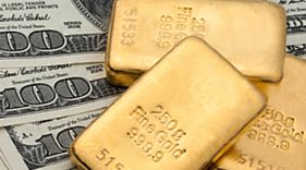 Bullion gold bars and US $100s.