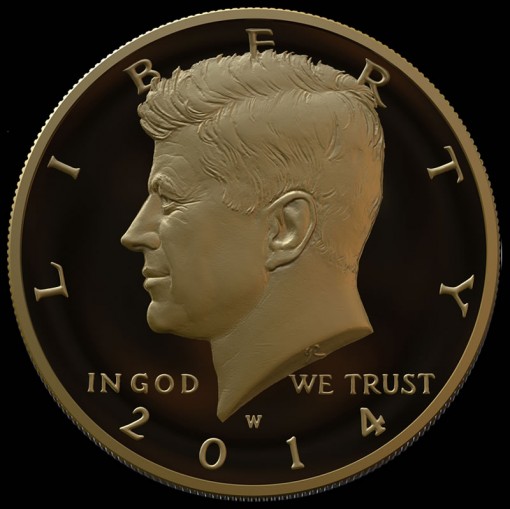Mockup Image of 2014 24K Gold Kennedy Half Dollar with date of 1964