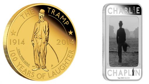 Reverses of 2014 Charlie Chaplin, 100 Years of Laughter, Gold and Silver Coins