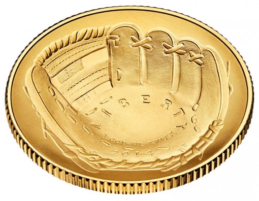 2014 National Baseball Hall of Fame Uncirculated $5 Gold Coin - Obverse, Angled