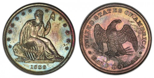 1838 plain edge Seated Liberty half dollar pattern in copper, Judd-77
