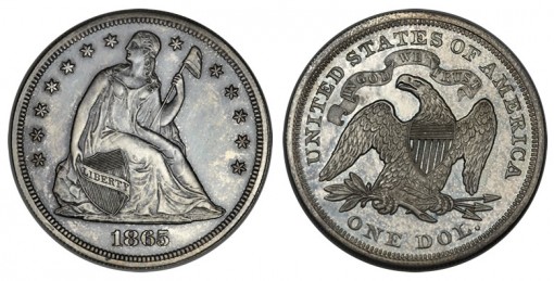 1865 with motto Seated dollar in silver, Judd-434