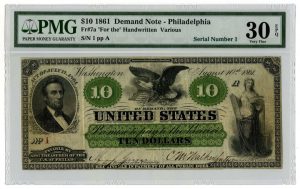 1861 $10 Demand Note, One of Three Known, Graded by PMG 1861 $10 Demand Note, One of Three Known, Graded by PMG