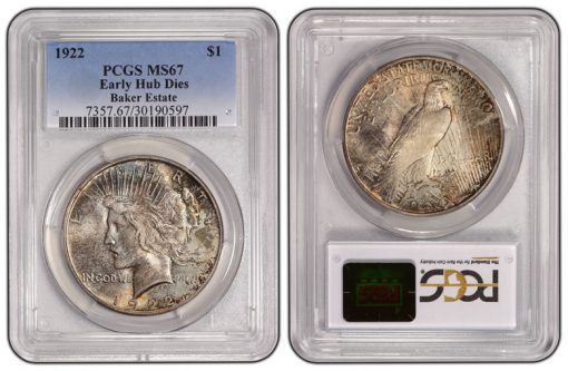 1922 Low Relief Early Hub Dies Peace Dollar PCGS MS67