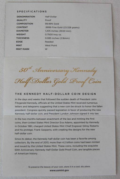 Photo of the inside, unfolded Certificate of Authenticity for Kennedy Half-Dollar Gold Coin