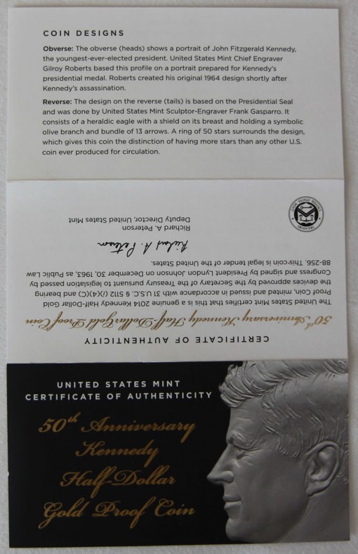 Photo of the outside, unfolded Certificate of Authenticity for Kennedy Half-Dollar Gold Coin