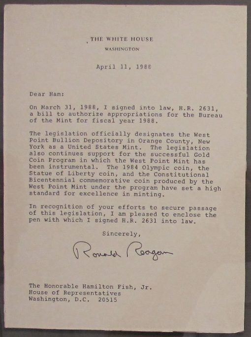 President Reagan Letter, West Point Designated as U.S. Mint