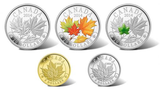 2014 Majestic Maple Leaves Coins - Silver, Silver with Color, Silver with Jade, Gold and Platinum