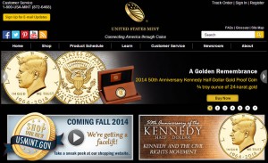 Home page of the U.S. Mint website promoting Kennedy half-dolllars