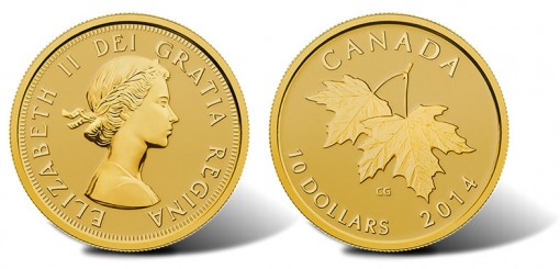 2014 Canadian $10 gold coin with Queen Elizabeth II effigy from 1953 and maple leaves