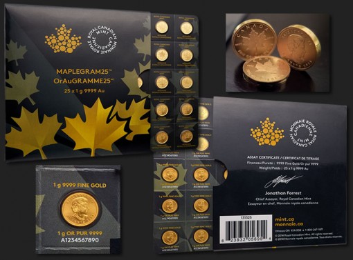 Maplegram25 packaging (front and back) and 1g Gold Maple Leaf bullion coins