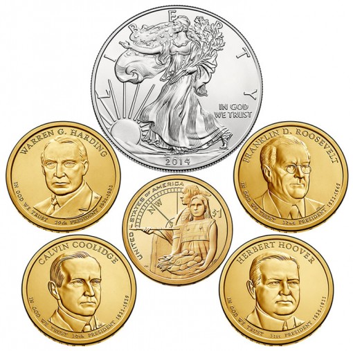 Six Coins of the 2014 Annual Uncirculated Dollar Coin Set
