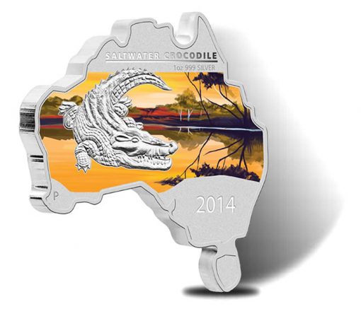 2014 Australian Map Shaped Saltwater Crocodile Silver Coin