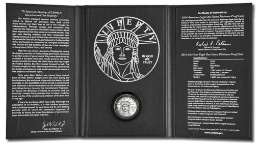 Presentation case for the 2014-W Proof American Platinum Eagle Coin