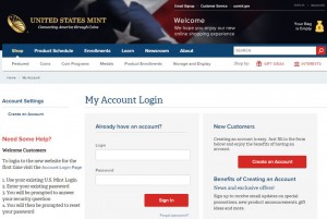 Screenshot of US Mint Account Login Page