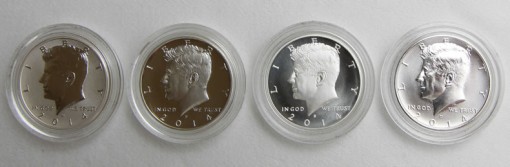 Photo of the four coins in the 2014 50th Anniversary Kennedy Half-Dollar Silver Coin Collection