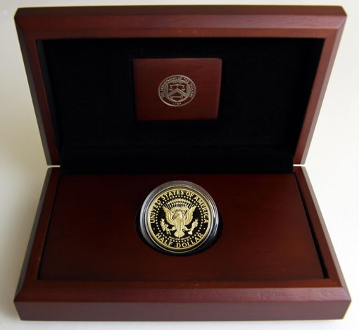 Presentation case and reverse of 1964-2014 Proof 50th Anniversary Kennedy Half-Dollar Gold Coin