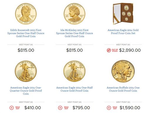 Screen shot of a section of US Mint website showing sold out products