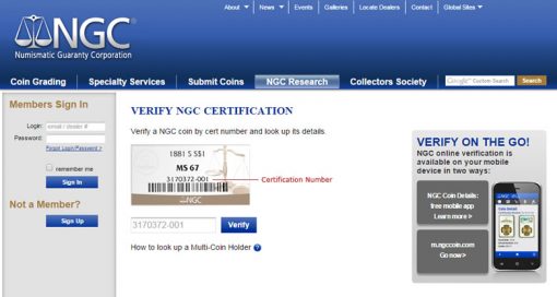 NGC online page to verify coin certification
