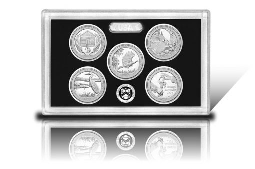 Lens and coins of 2015 America the Beautiful Quarters Silver Proof Set