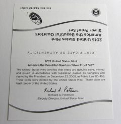 2015 America the Beautiful Quarters Silver Proof Set Certificate of Authenticity