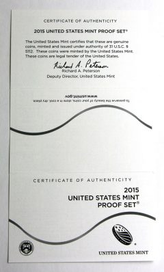 2015 Proof Set, Certificate of Authenticity