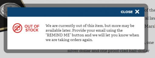Currently Unavailable US Mint Status Message