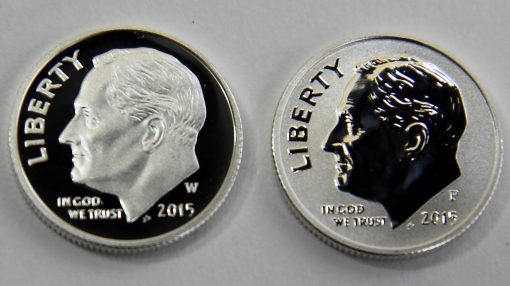 Proof and reverse proof 2015 Roosevelt Dimes - obverses, close-up