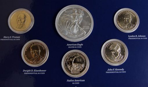 Photo close-up of coin obverses in 2015 Annual Uncirculated Dollar Coin Set