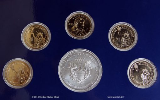 Photo close-up of coin reverses in 2015 Annual Uncirculated Dollar Coin Set