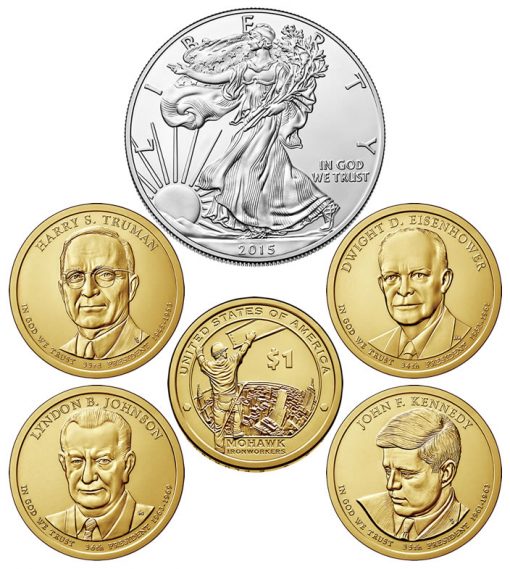 Six Coins of the 2015 Annual Uncirculated Dollar Coin Set