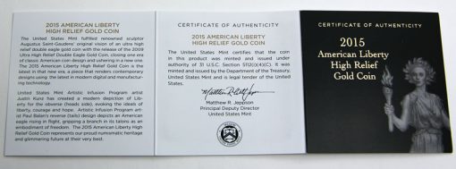 2015-W $100 American Liberty High Relief Gold Coin, Certificate of Authenticity