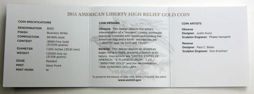 2015-W $100 American Liberty High Relief Gold Coin Specifications