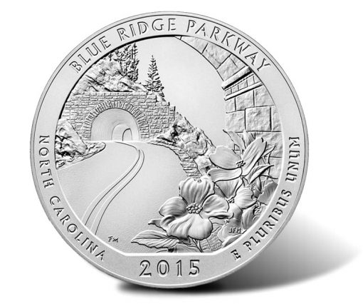 Reverse of 2015-P Blue Ridge Parkway Five Ounce Silver Uncirculated Coin