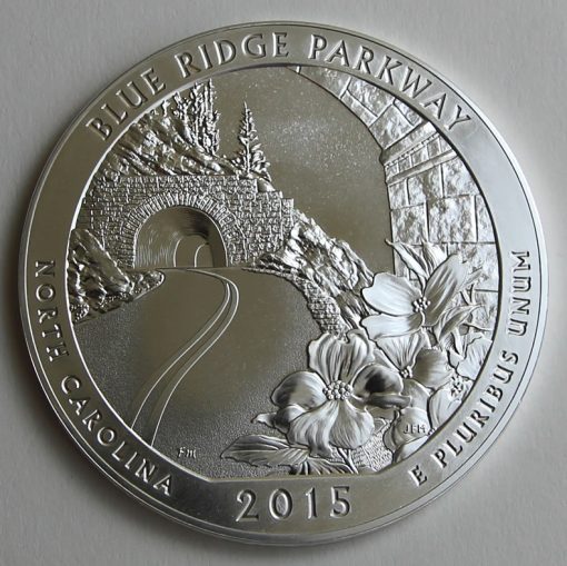 2015 Blue Ridge Parkway Five Ounce Silver Bullion Coin, Reverse