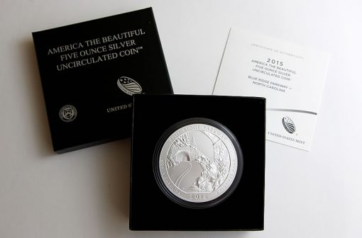 2015-P Blue Ridge Parkway Five Ounce Silver Uncirculated Coin, Case and Certificate
