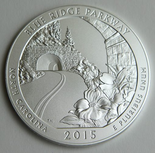 2015-P Blue Ridge Parkway Five Ounce Silver Uncirculated Coin, Reverse