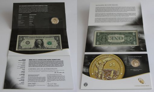 Front and Back of 2015 American $1 Coin and Currency Set