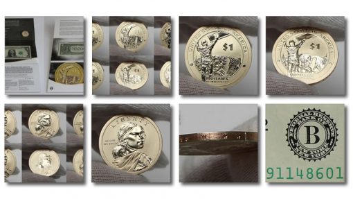 Photos of coins and $1s in 2015 American $1 Coin and Currency Set