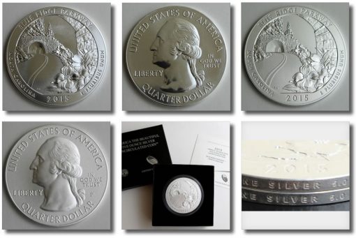 Photos of the bullion and uncirculated 2015 Blue Ridge Parkway Five Ounce Silver Coins
