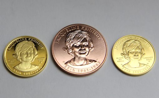 Proof coin, bronze medal and uncirculated coin featuring Jacqueline Kennedy